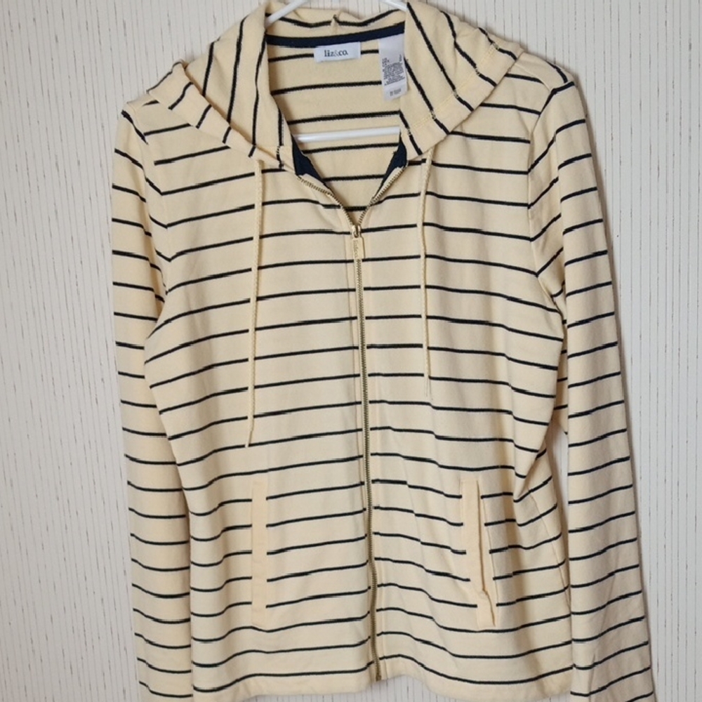 Liz Claiborne Cream and Navy Striped Zip Hoodie